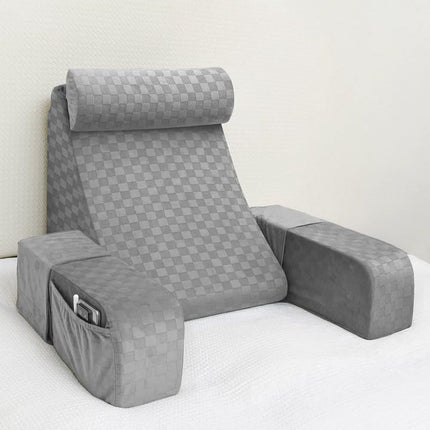 Vekkia Reading Pillow with Adjustable Arms & Headrest – Multi-Firm Foam Backrest Cushion for Adults with Extra-Large Pockets for Reading, TV, Gaming & Work, Recovery on Bed & Floor, 19"(Grey)