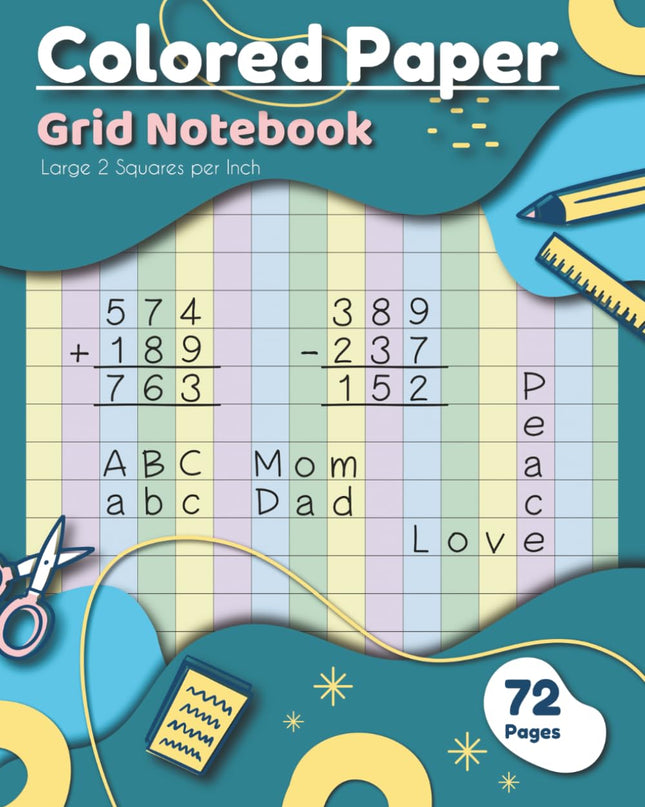 Colored Grid Paper Notebook: Large 2 Squares per Inch for Kids and Adults with ADHD, Dyslexia, Dysgraphia, Dyscalculia, Irlen and Visual Stress | 72 Pages | 8.5 x 11 Inches Page Size