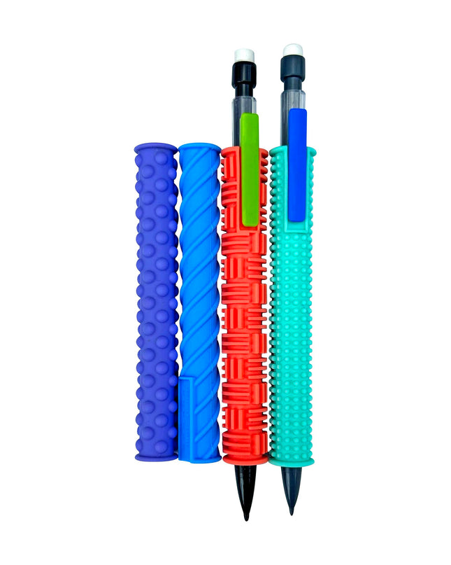Gyre & Gimble Pencil Gidgets – Textured Silicone Pencil Sleeve for Quiet Fidgeting – Transform Your Mechanical Pencil into a Sensory ADHD Tool for Kids and Adults – 4 Sleeves & 2 Pencils