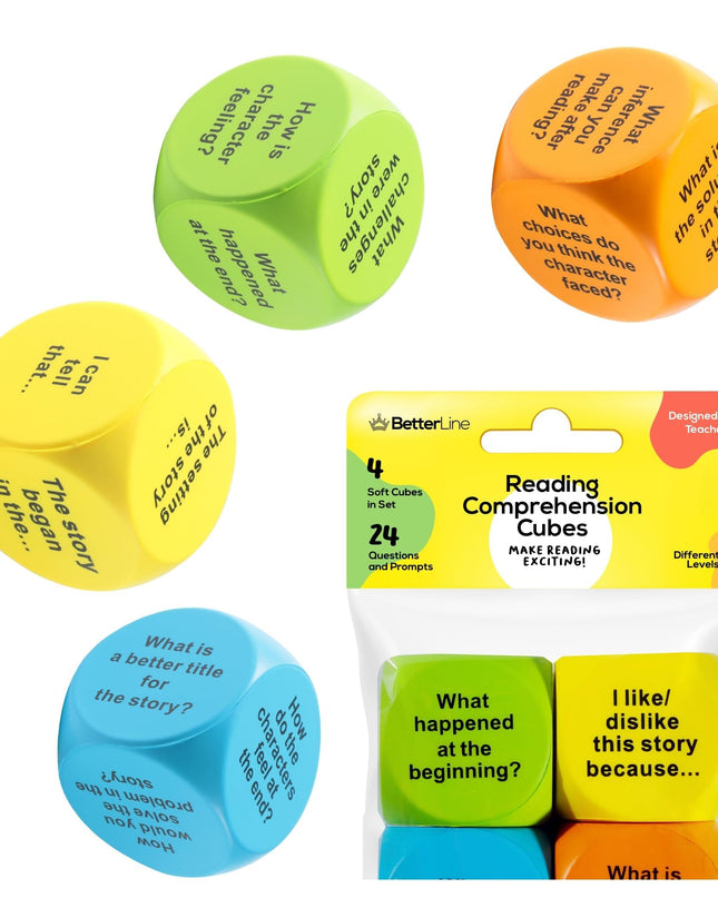 Interactive Reading Comprehension Cubes Set - Educational Learning Dice for Kids, Teachers, and Parents - 4 Levels, 24 Questions - Learning Games for Kids, Classroom and Home Learning Tools