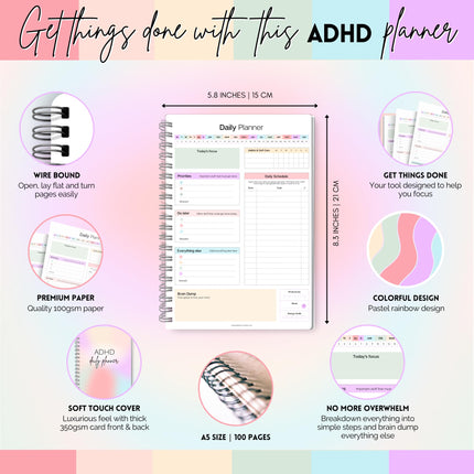 ADHD Daily Planner for Neurodivergent Adults - Productivity Daily Planner & Task Management to Stay Organized and Focused (Rainbow)