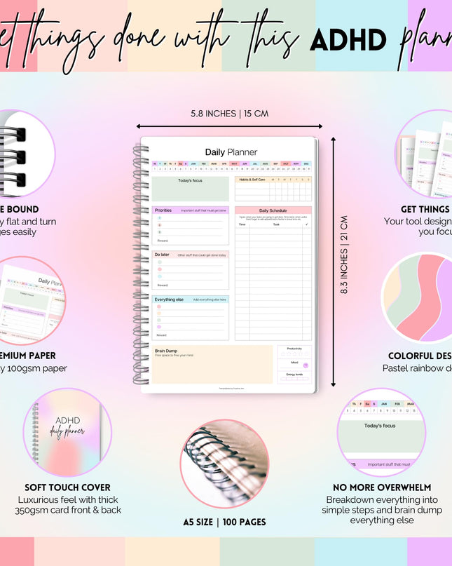 ADHD Daily Planner for Neurodivergent Adults - Productivity Daily Planner & Task Management to Stay Organized and Focused (Rainbow)