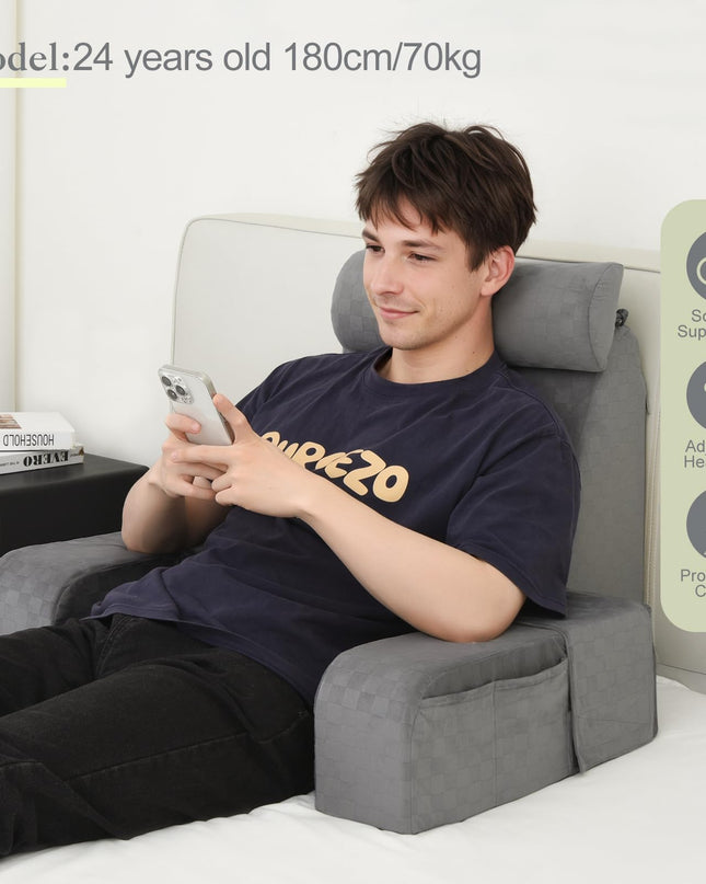 Vekkia Reading Pillow with Adjustable Arms & Headrest – Multi-Firm Foam Backrest Cushion for Adults with Extra-Large Pockets for Reading, TV, Gaming & Work, Recovery on Bed & Floor, 19"(Grey)