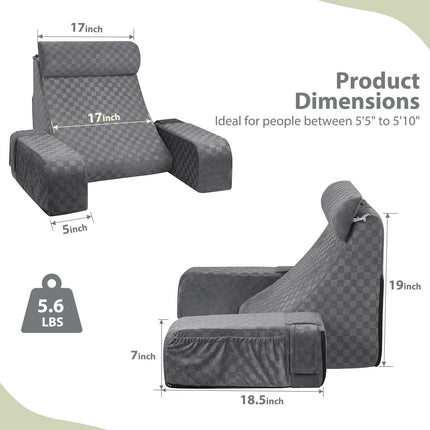 Vekkia Reading Pillow with Adjustable Arms & Headrest – Multi-Firm Foam Backrest Cushion for Adults with Extra-Large Pockets for Reading, TV, Gaming & Work, Recovery on Bed & Floor, 19"(Grey)