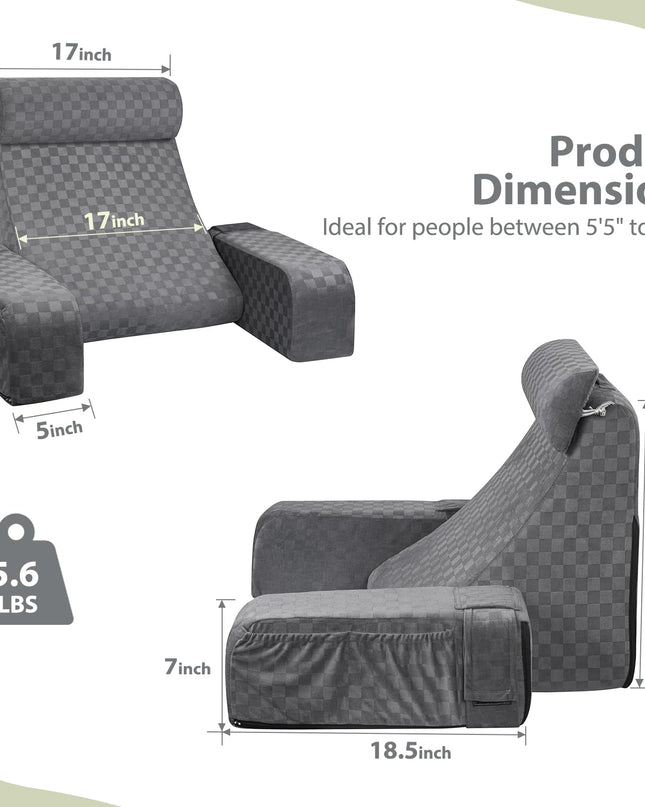 Vekkia Reading Pillow with Adjustable Arms & Headrest – Multi-Firm Foam Backrest Cushion for Adults with Extra-Large Pockets for Reading, TV, Gaming & Work, Recovery on Bed & Floor, 19"(Grey)