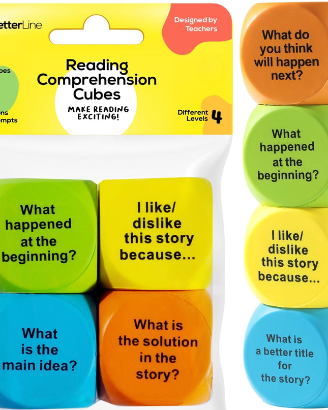 Interactive Reading Comprehension Cubes Set - Educational Learning Dice for Kids, Teachers, and Parents - 4 Levels, 24 Questions - Learning Games for Kids, Classroom and Home Learning Tools