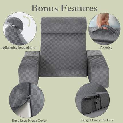 Vekkia Reading Pillow with Adjustable Arms & Headrest – Multi-Firm Foam Backrest Cushion for Adults with Extra-Large Pockets for Reading, TV, Gaming & Work, Recovery on Bed & Floor, 19"(Grey)