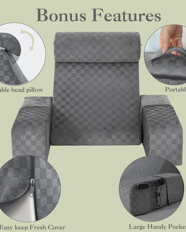 Vekkia Reading Pillow with Adjustable Arms & Headrest – Multi-Firm Foam Backrest Cushion for Adults with Extra-Large Pockets for Reading, TV, Gaming & Work, Recovery on Bed & Floor, 19"(Grey)