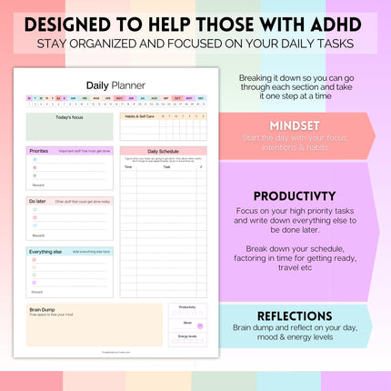 ADHD Daily Planner Notepad for Neurodivergent Adults - Productivity Daily Planner Desk Pad & Task Management to Stay Organized and Focused Note Pad (Rainbow, A4 Portrait)