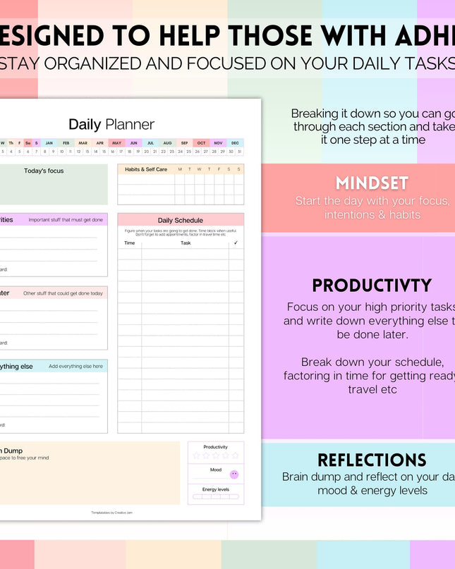 ADHD Daily Planner Notepad for Neurodivergent Adults - Productivity Daily Planner Desk Pad & Task Management to Stay Organized and Focused Note Pad (Rainbow, A4 Portrait)
