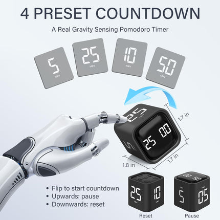 Rotating Pomodoro Timer 5, 25, 10 50 Minutes Preset, Desk Productivity Flip Timer, ADHD Tool Cube Countdown Stopwatch, Vibration/High/Low Volume/Custom Modes, for Work, Study, Back to School, Kitchen