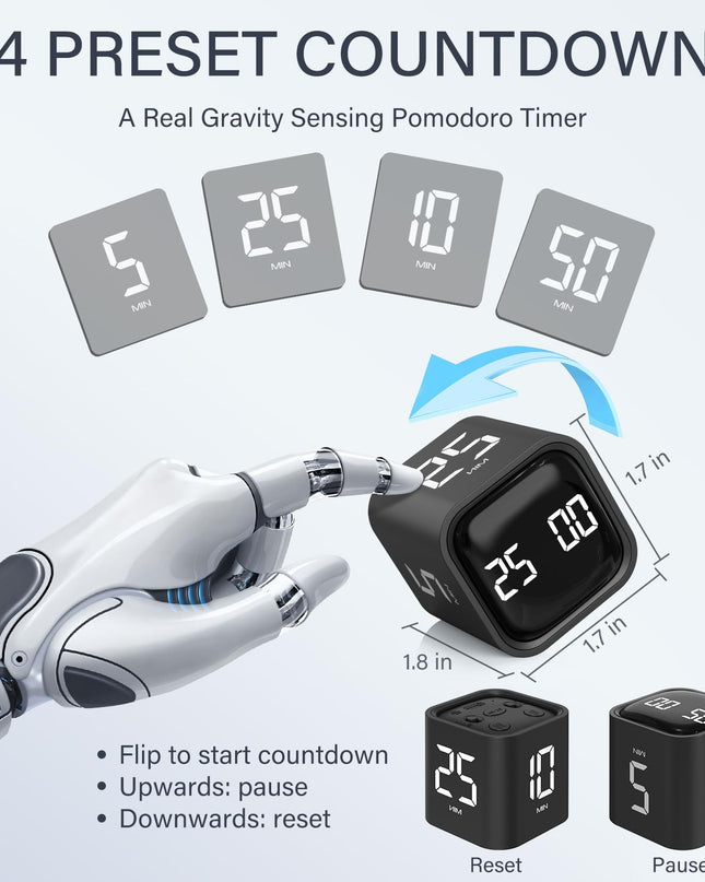 Rotating Pomodoro Timer 5, 25, 10 50 Minutes Preset, Desk Productivity Flip Timer, ADHD Tool Cube Countdown Stopwatch, Vibration/High/Low Volume/Custom Modes, for Work, Study, Back to School, Kitchen