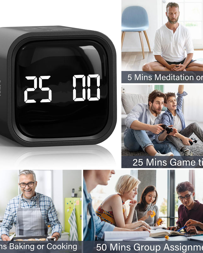 Rotating Pomodoro Timer 5, 25, 10 50 Minutes Preset, Desk Productivity Flip Timer, ADHD Tool Cube Countdown Stopwatch, Vibration/High/Low Volume/Custom Modes, for Work, Study, Back to School, Kitchen