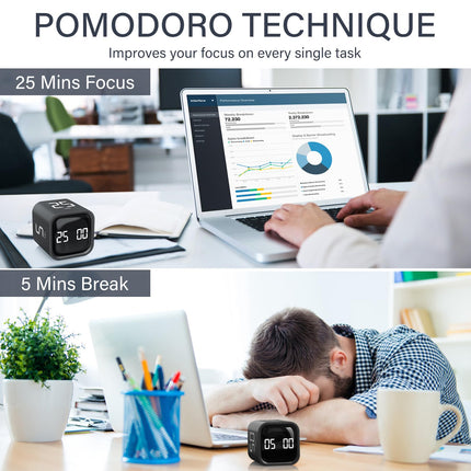 Rotating Pomodoro Timer 5, 25, 10 50 Minutes Preset, Desk Productivity Flip Timer, ADHD Tool Cube Countdown Stopwatch, Vibration/High/Low Volume/Custom Modes, for Work, Study, Back to School, Kitchen