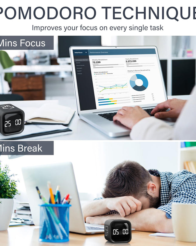 Rotating Pomodoro Timer 5, 25, 10 50 Minutes Preset, Desk Productivity Flip Timer, ADHD Tool Cube Countdown Stopwatch, Vibration/High/Low Volume/Custom Modes, for Work, Study, Back to School, Kitchen