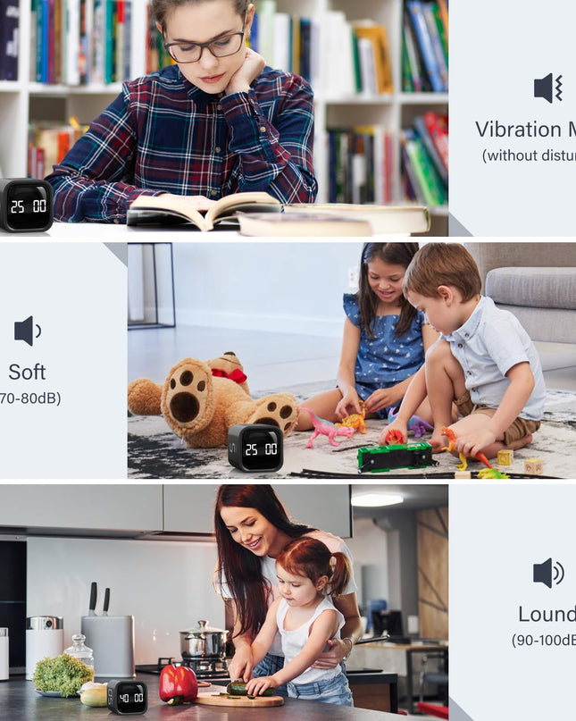 Rotating Pomodoro Timer 5, 25, 10 50 Minutes Preset, Desk Productivity Flip Timer, ADHD Tool Cube Countdown Stopwatch, Vibration/High/Low Volume/Custom Modes, for Work, Study, Back to School, Kitchen