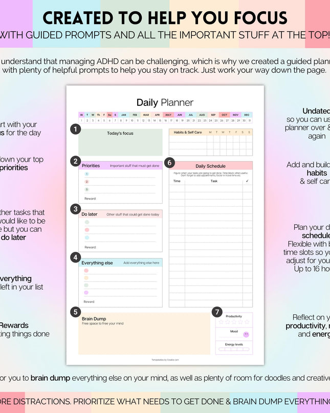 ADHD Daily Planner for Neurodivergent Adults - Productivity Daily Planner & Task Management to Stay Organized and Focused (Rainbow)