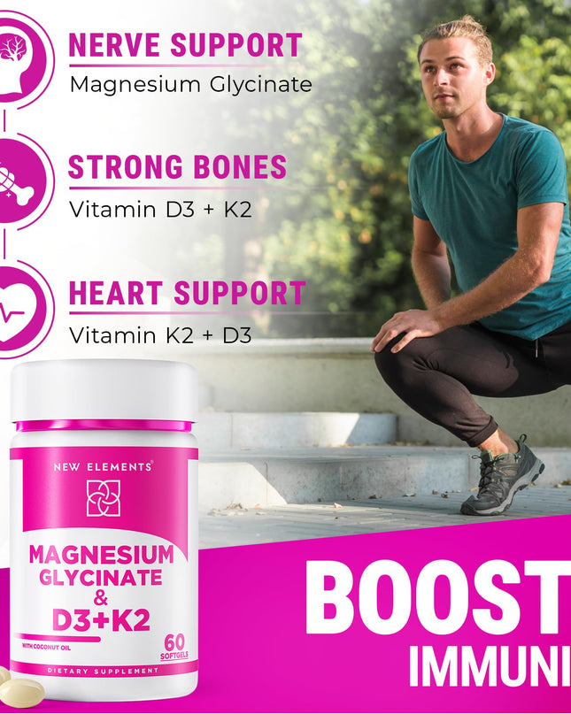 Magnesium Glycinate 500mg with High-Potency Vitamin D3 10,000 IU & Vitamin K2 200mcg | Enhanced with Coconut Oil for Optimal Absorption | Non-GMO, Gluten-Free, Sugar-Free Softgels (60 softgels)