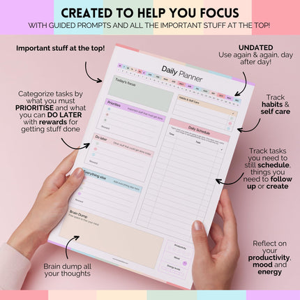 ADHD Daily Planner Notepad for Neurodivergent Adults - Productivity Daily Planner Desk Pad & Task Management to Stay Organized and Focused Note Pad (Rainbow, A4 Portrait)