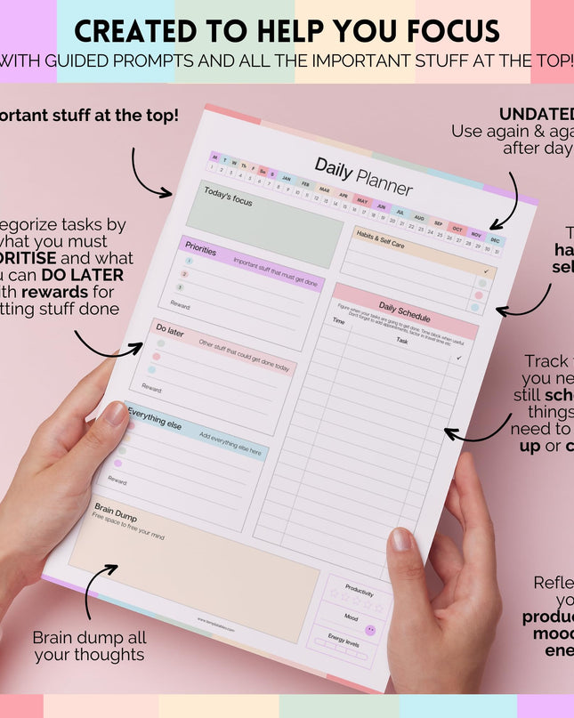ADHD Daily Planner Notepad for Neurodivergent Adults - Productivity Daily Planner Desk Pad & Task Management to Stay Organized and Focused Note Pad (Rainbow, A4 Portrait)
