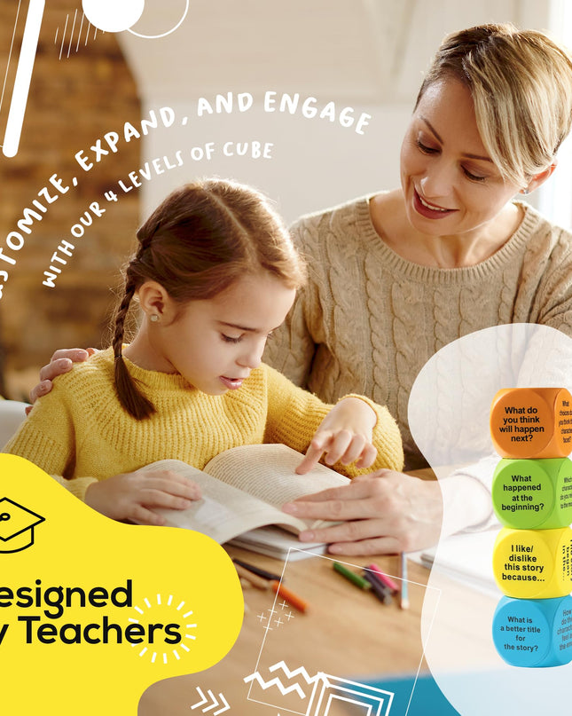 Interactive Reading Comprehension Cubes Set - Educational Learning Dice for Kids, Teachers, and Parents - 4 Levels, 24 Questions - Learning Games for Kids, Classroom and Home Learning Tools