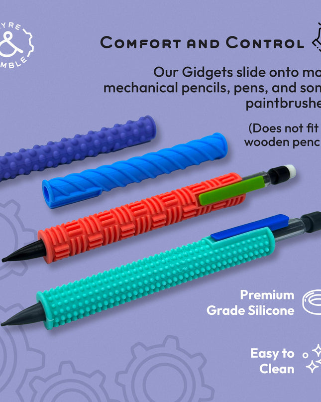 Gyre & Gimble Pencil Gidgets – Textured Silicone Pencil Sleeve for Quiet Fidgeting – Transform Your Mechanical Pencil into a Sensory ADHD Tool for Kids and Adults – 4 Sleeves & 2 Pencils