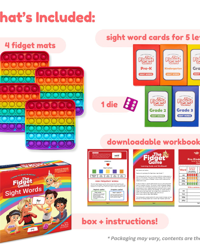 THE FIDGET GAME Sight Words - Reading Flashcards and Pop Fidget Toys for Kids Pre-K to Third Grade - Learning Activities and Games for High-Frequency Dolch Sight Words - Includes Mats and Dice