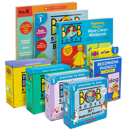 Bob Books Learn to Read Bundle – Stage 1 with 4 Phonics Box Sets, 3 Workbooks, Flashcards for Kindergarten & Pre-K Beginning Readers
