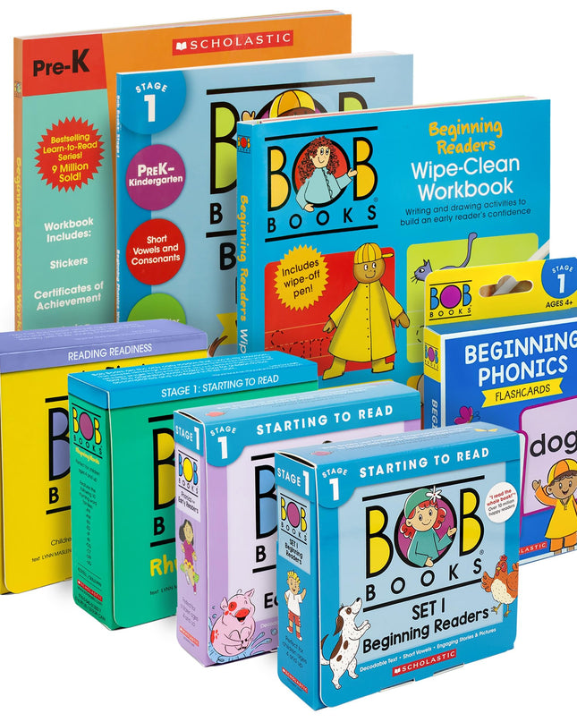 Bob Books Learn to Read Bundle – Stage 1 with 4 Phonics Box Sets, 3 Workbooks, Flashcards for Kindergarten & Pre-K Beginning Readers