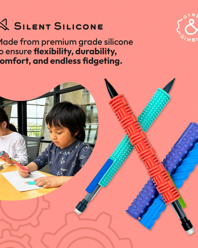 Gyre & Gimble Pencil Gidgets – Textured Silicone Pencil Sleeve for Quiet Fidgeting – Transform Your Mechanical Pencil into a Sensory ADHD Tool for Kids and Adults – 4 Sleeves & 2 Pencils