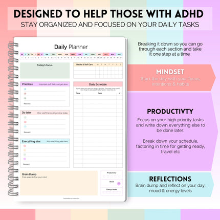 ADHD Daily Planner for Neurodivergent Adults - Productivity Daily Planner & Task Management to Stay Organized and Focused (Rainbow)