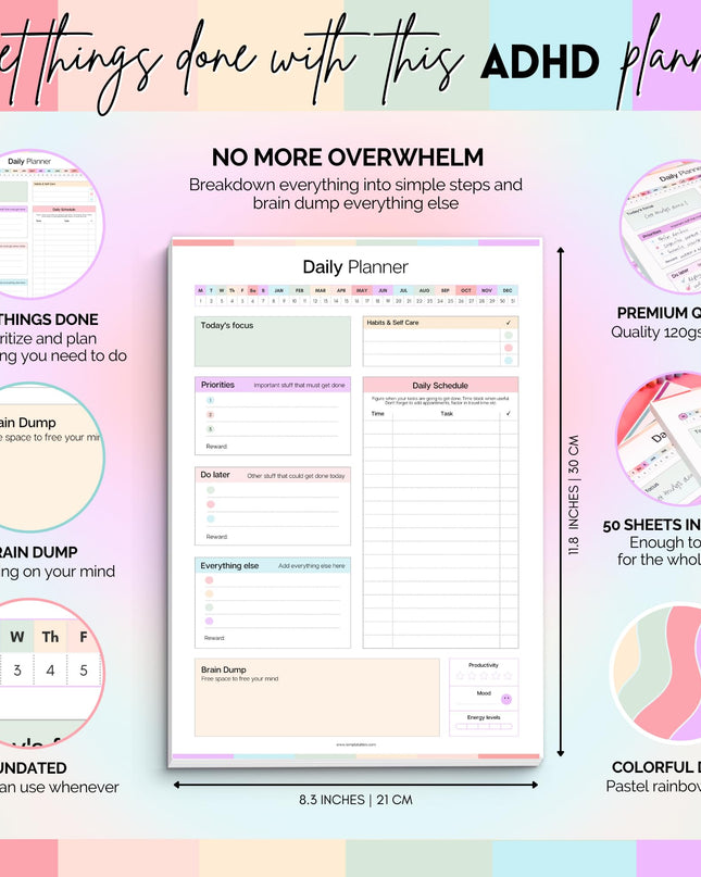 ADHD Daily Planner Notepad for Neurodivergent Adults - Productivity Daily Planner Desk Pad & Task Management to Stay Organized and Focused Note Pad (Rainbow, A4 Portrait)