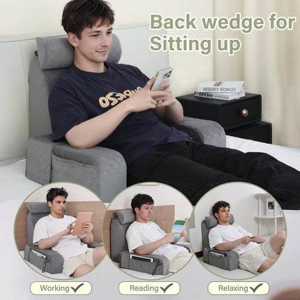 Vekkia Reading Pillow with Adjustable Arms & Headrest – Multi-Firm Foam Backrest Cushion for Adults with Extra-Large Pockets for Reading, TV, Gaming & Work, Recovery on Bed & Floor, 19"(Grey)