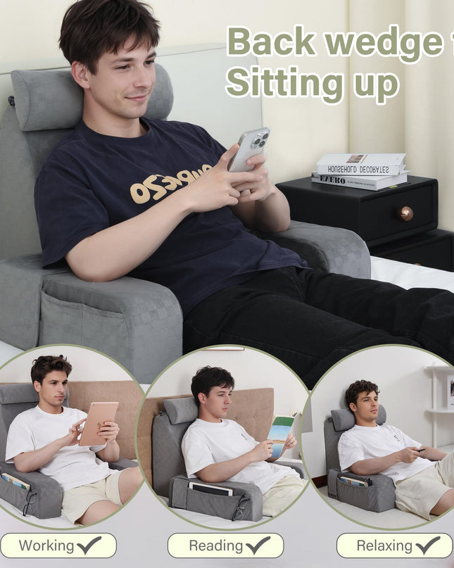 Vekkia Reading Pillow with Adjustable Arms & Headrest – Multi-Firm Foam Backrest Cushion for Adults with Extra-Large Pockets for Reading, TV, Gaming & Work, Recovery on Bed & Floor, 19"(Grey)