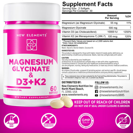 Magnesium Glycinate 500mg with High-Potency Vitamin D3 10,000 IU & Vitamin K2 200mcg | Enhanced with Coconut Oil for Optimal Absorption | Non-GMO, Gluten-Free, Sugar-Free Softgels (60 softgels)