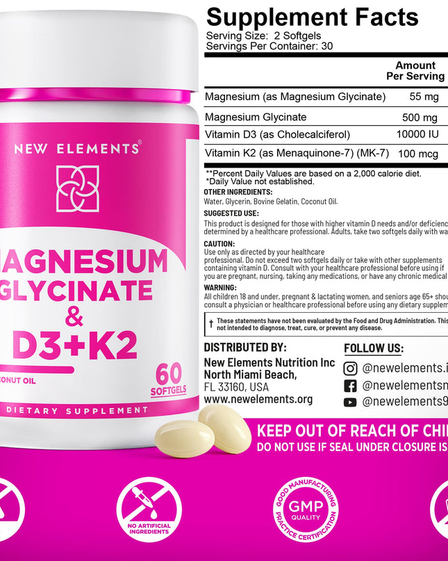 Magnesium Glycinate 500mg with High-Potency Vitamin D3 10,000 IU & Vitamin K2 200mcg | Enhanced with Coconut Oil for Optimal Absorption | Non-GMO, Gluten-Free, Sugar-Free Softgels (60 softgels)