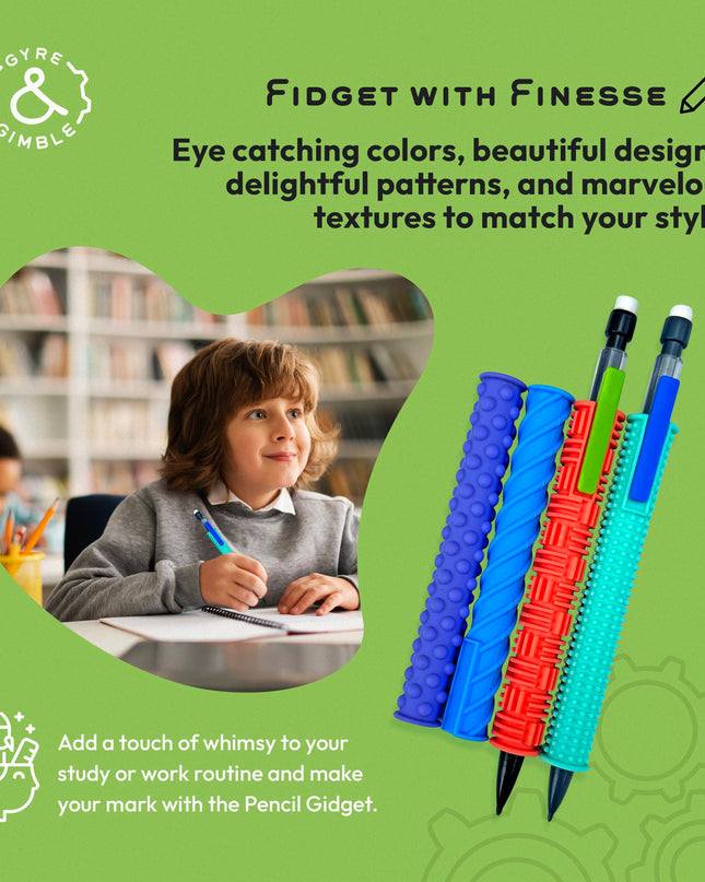 Gyre & Gimble Pencil Gidgets – Textured Silicone Pencil Sleeve for Quiet Fidgeting – Transform Your Mechanical Pencil into a Sensory ADHD Tool for Kids and Adults – 4 Sleeves & 2 Pencils