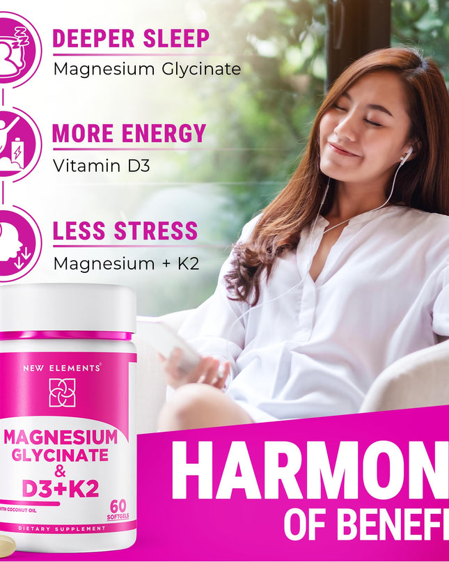 Magnesium Glycinate 500mg with High-Potency Vitamin D3 10,000 IU & Vitamin K2 200mcg | Enhanced with Coconut Oil for Optimal Absorption | Non-GMO, Gluten-Free, Sugar-Free Softgels (60 softgels)