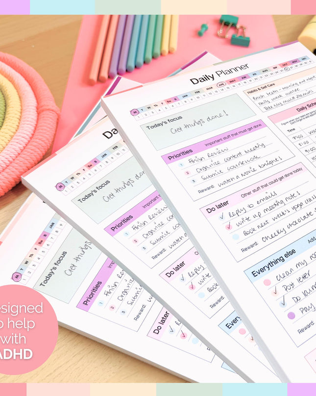 ADHD Daily Planner Notepad for Neurodivergent Adults - Productivity Daily Planner Desk Pad & Task Management to Stay Organized and Focused Note Pad (Rainbow, A4 Portrait)