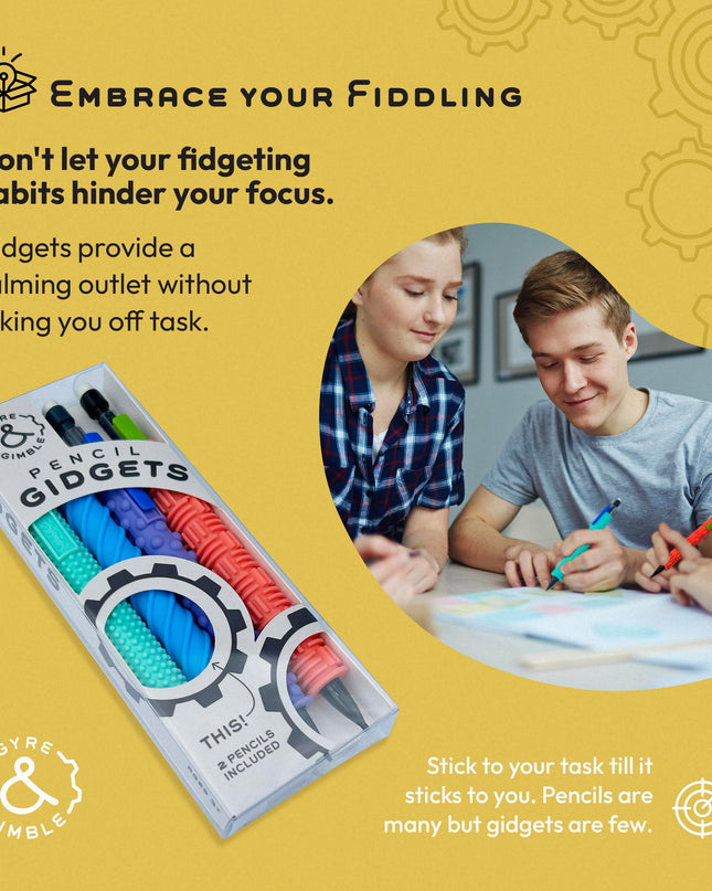 Gyre & Gimble Pencil Gidgets – Textured Silicone Pencil Sleeve for Quiet Fidgeting – Transform Your Mechanical Pencil into a Sensory ADHD Tool for Kids and Adults – 4 Sleeves & 2 Pencils