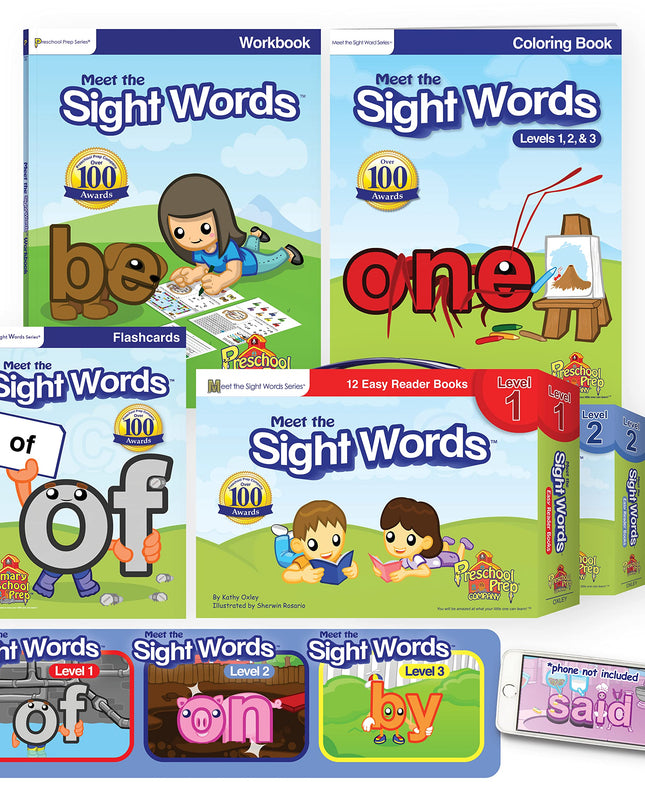 Meet the Sight Words BIG SET! Bundle with Levels 1, 2, & 3 Easy Reader Books (3 boxed sets - 36 books), Coloring Book, Workbook, Flashcards & Video Downloads!
