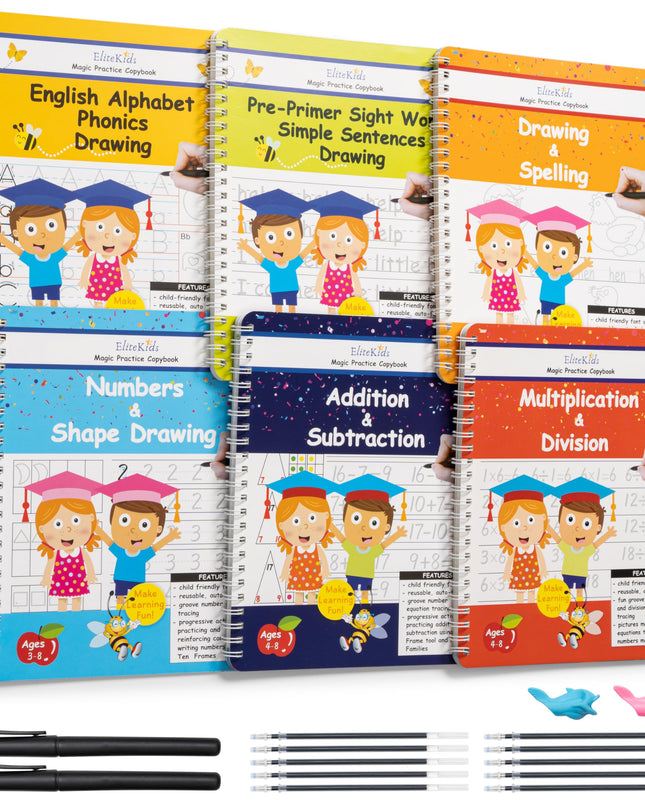 Magic Practice Copybook 6 Workbooks with Disappearing Ink Pens, Reusable Handwriting Practice for Kids, Calligraphy Practice Letter Tracing Books for Kids ages 3-5 (8.7×6.9in)